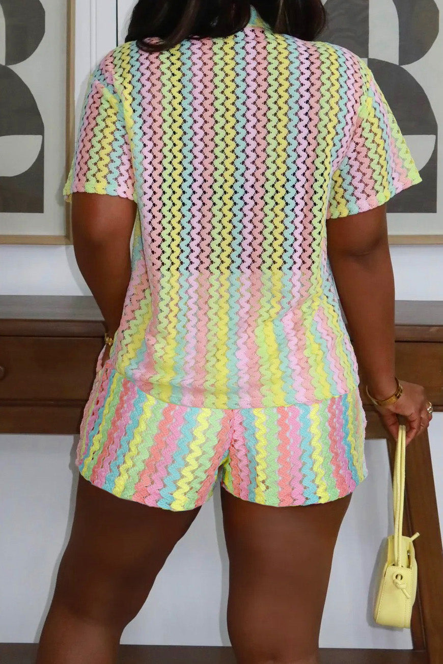 Crochet Chevron Short Sleeve Button-Down & Shorts Set Lavish Daily