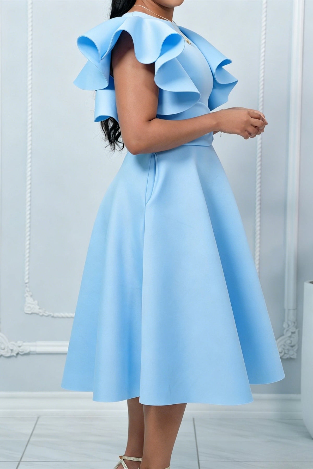 Elegant Ruffle Sleeve Belted Midi Dress Lavish Daily