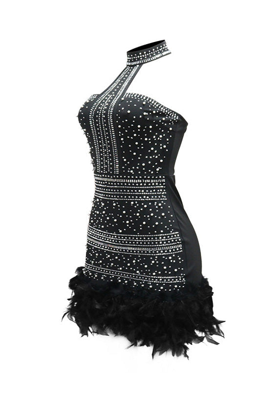 Rhinestone Halter Feather Trim Mini Dress Lavish Daily