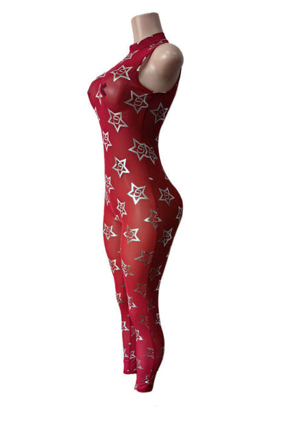 Metallic Star Print Mesh Jumpsuit Lavish Daily