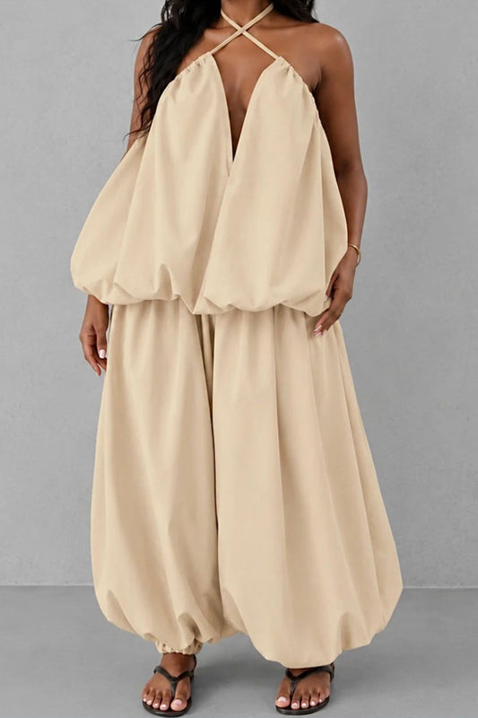 Plus Size Plunging Halter Oversized Top & Harem Pants Set Lavish Daily