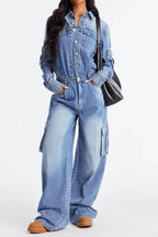 Washed Denim Utility Wide Leg Jumpsuit Lavish Daily