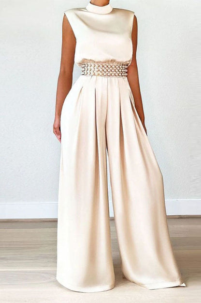 Sleeveless Mock Neck Pleated Wide Leg Jumpsuit Lavish Daily