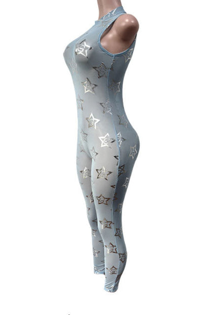 Metallic Star Print Mesh Jumpsuit Lavish Daily