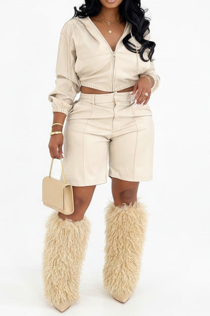 Faux Leather Hooded & Shorts Set Lavish Daily