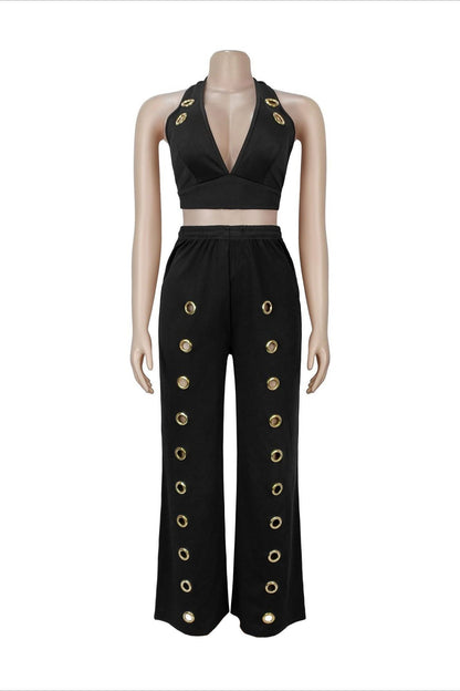 Oversized Eyelet Halter Crop Top & Pant Set Lavish Daily