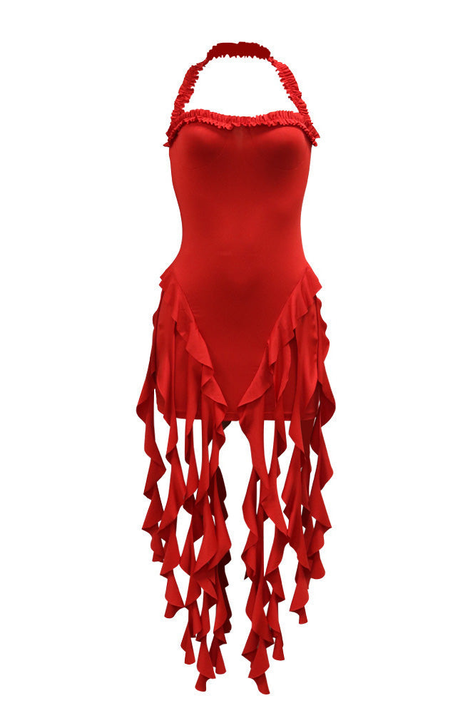 Ruffle Trim Halter Backless Fringe Dress Lavish Daily