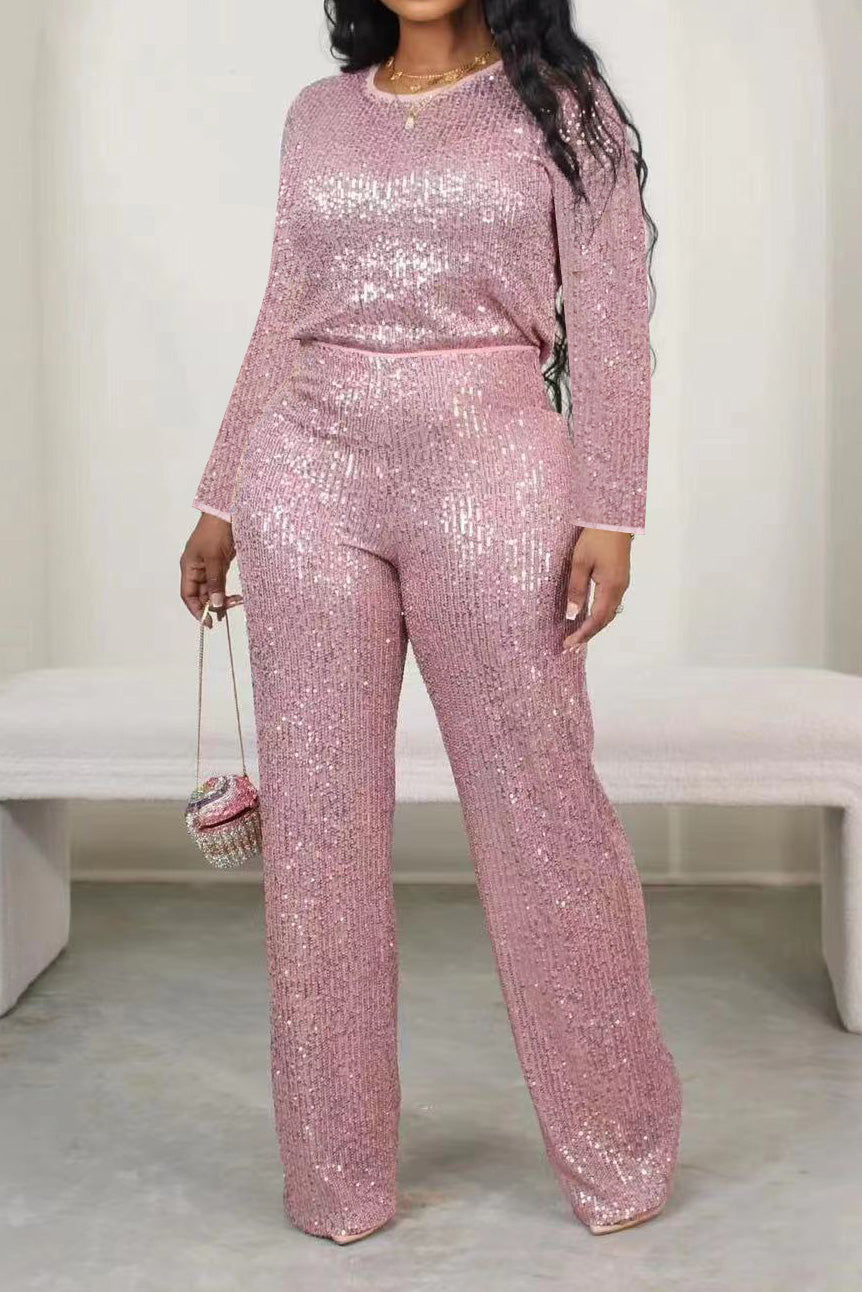 Sequin Round Neck Long Sleeve Top and Pants Set Lavish Daily