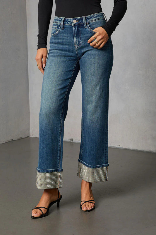 Washed Rhinestone Straight Leg Jeans Lavish Daily
