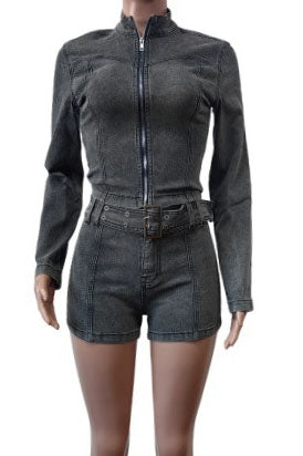 Washed Denim Zip Up Top & Shorts Sets Lavish Daily