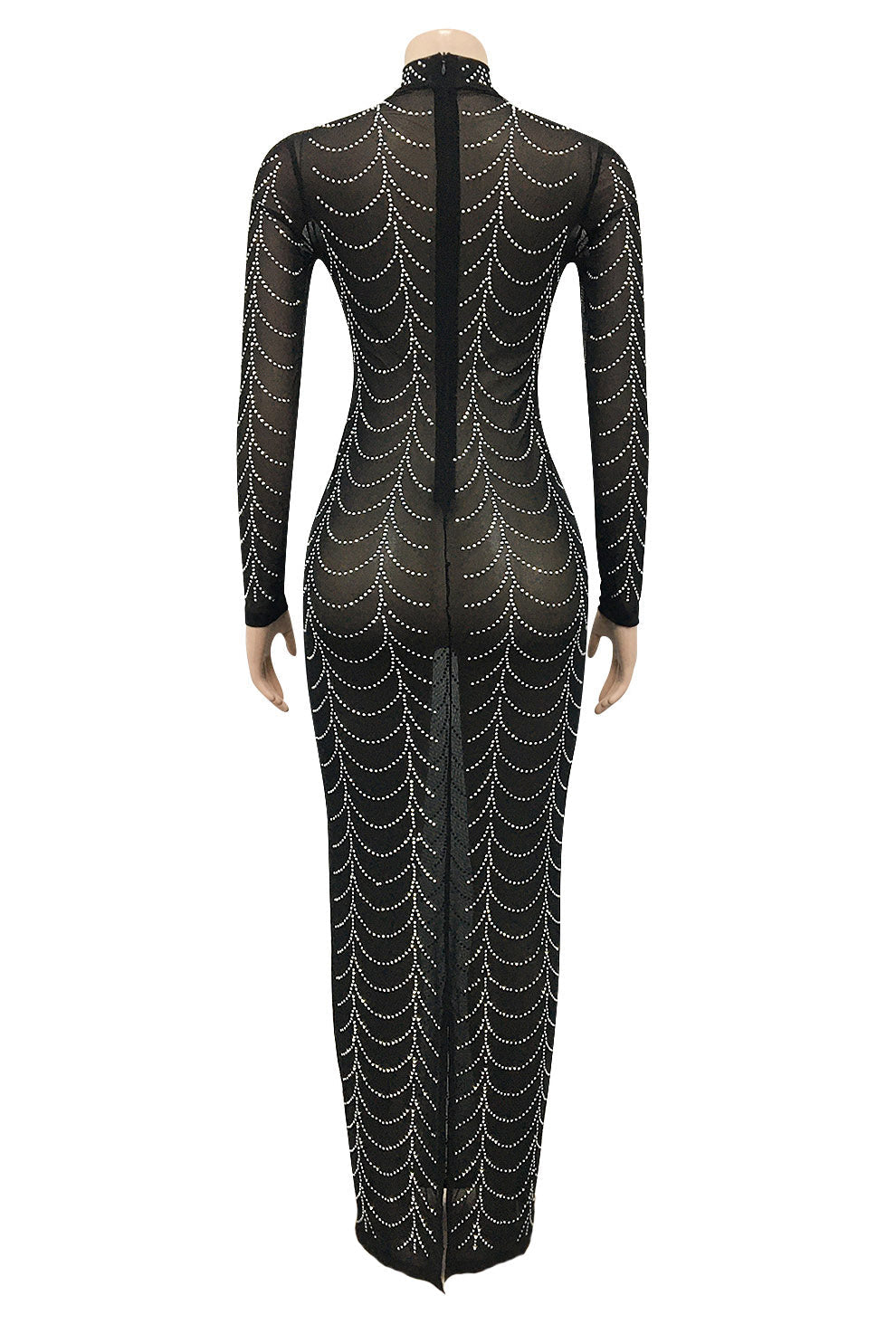 Rhinestone Long-Sleeve Sheer Maxi Dress Lavish Daily