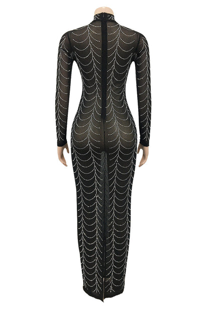 Rhinestone Long-Sleeve Sheer Maxi Dress Lavish Daily
