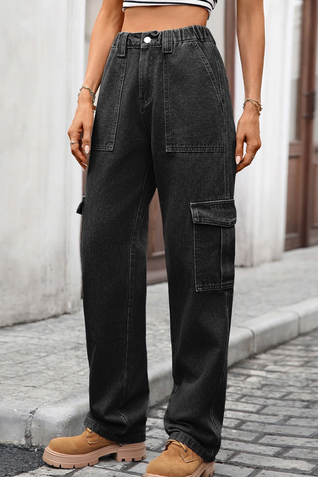 High Waist Elastic Baggy Cargo Jeans LavishDaily