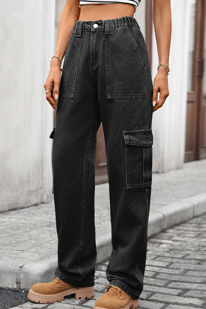 High Waist Elastic Baggy Cargo Jeans LavishDaily