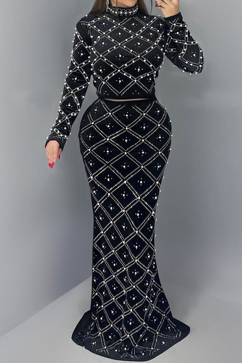 Elegant Pearl Beaded Rhinestone Evening Maxi Set Lavish Daily