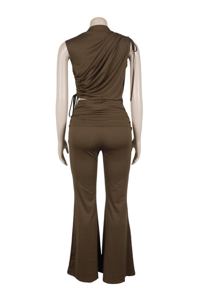 Ruched Mock Neck & Flare Pant Set Lavish Daily