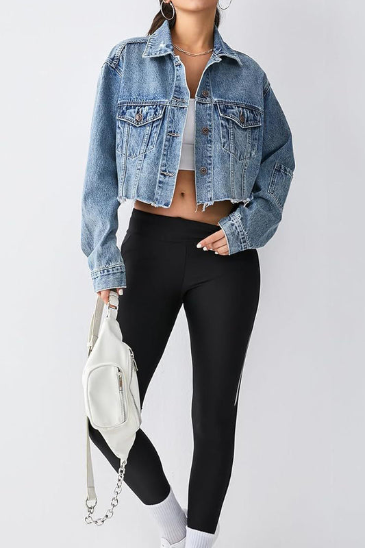 Long Sleeve Cropped Loose Denim Jacket Lavish Daily