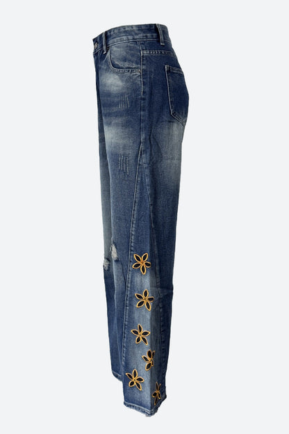 Wide Leg Floral Embroidered Denim Jeans Lavish Daily