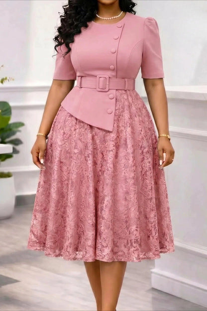 Asymmetrical Button Belted Lace Midi Dress Lavish Daily