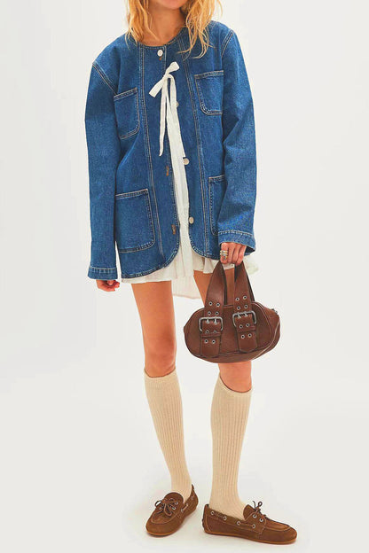 Collarless Button-Front Denim Jacket Lavish Daily