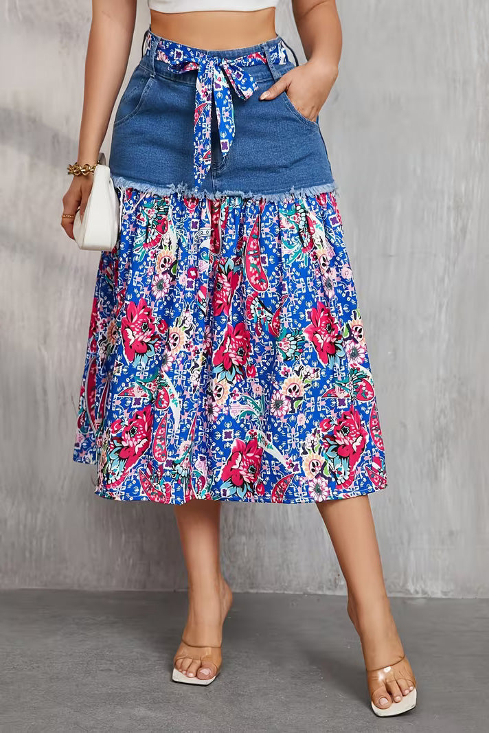 Frayed Denim Patchwork Boho Midi Skirt Lavish Daily