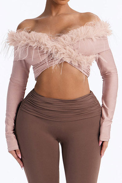 Feather-Effect Off-Shoulder Twist Crop Top Lavish Daily