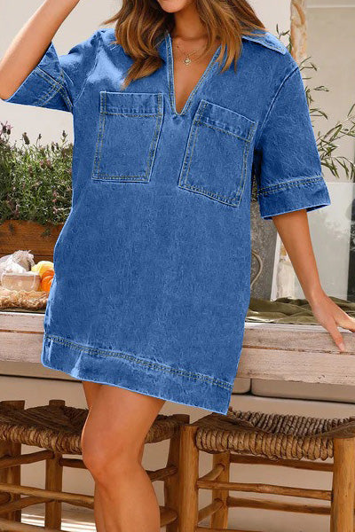 Collared Short Sleeve Loose Denim Dress Lavish Daily