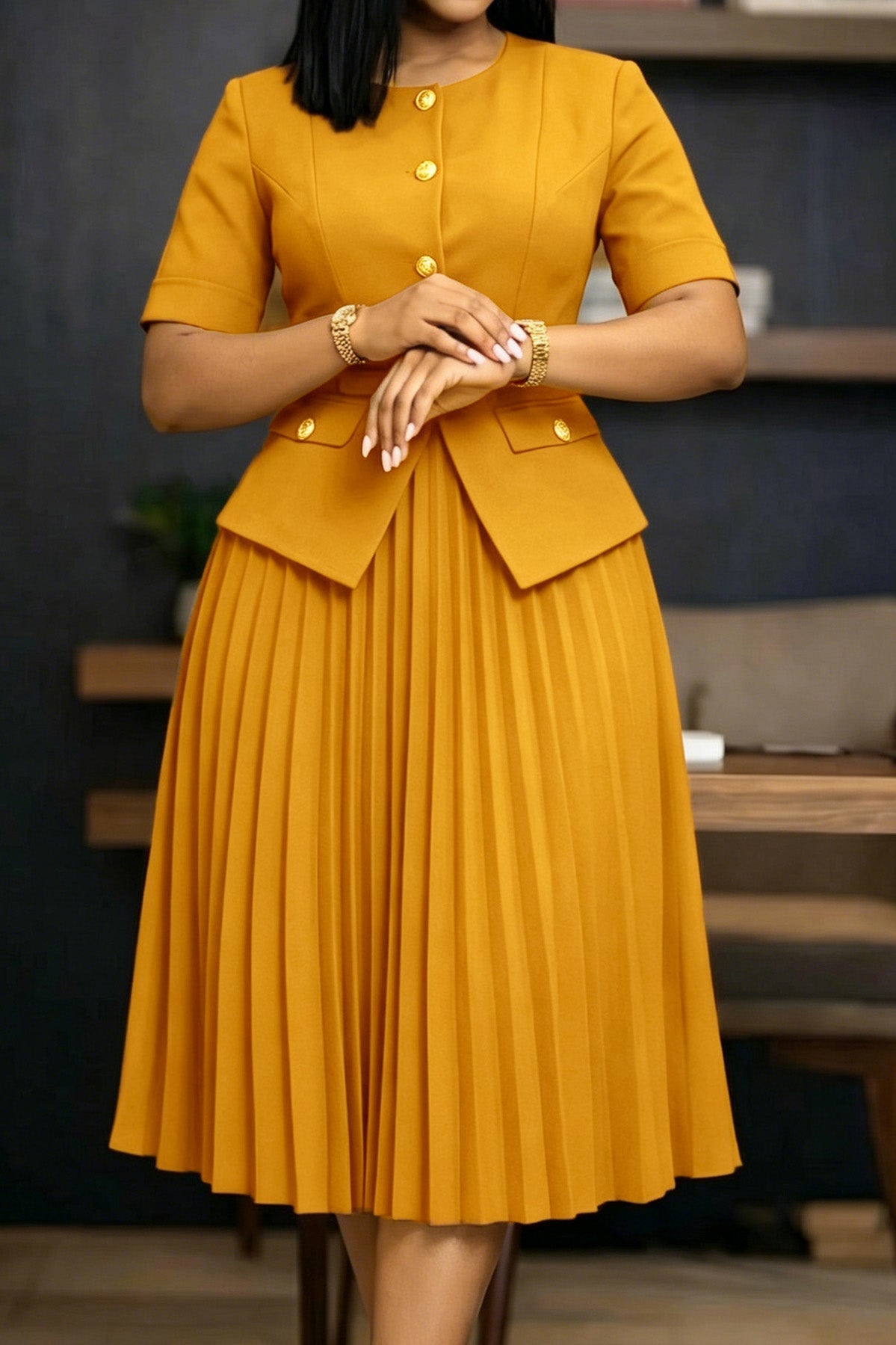 Mock 2-Piece Peplum Pleated Midi Dress Lavish Daily