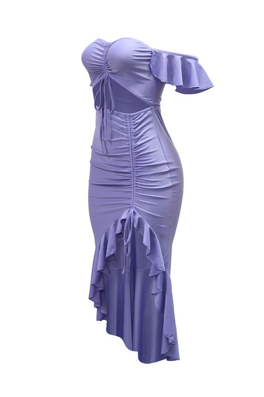 Off Shoulder Ruffle Slit Asym Bodycon Dress Lavish Daily