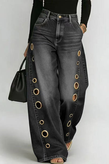 Statement Grommet Wide Leg Jeans Lavish Daily