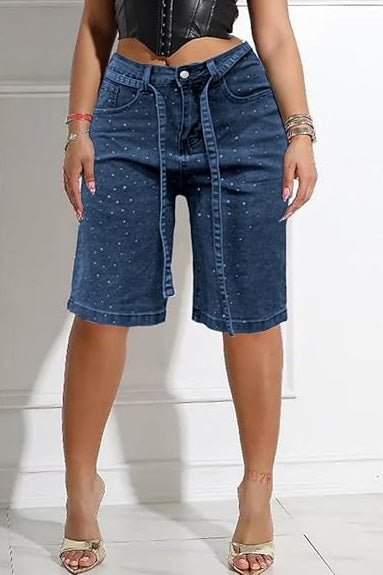 Rhinestone Denim Bermuda Shorts Lavish Daily