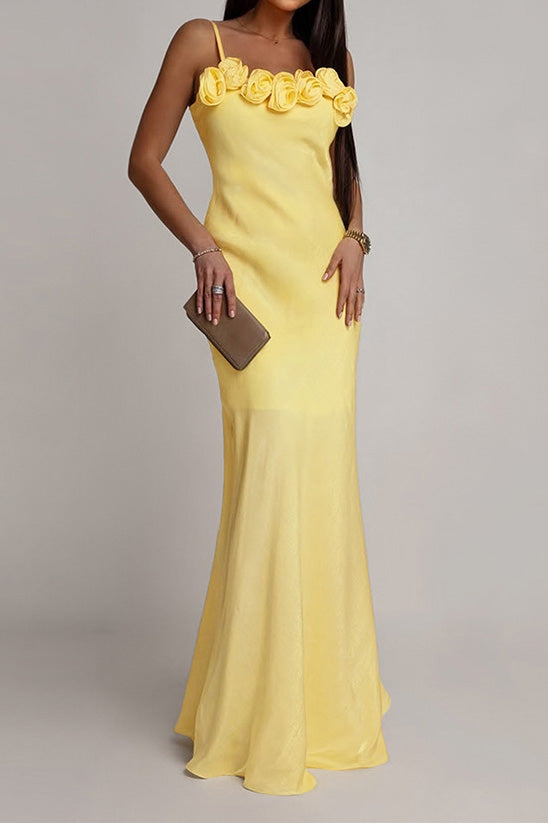 3D Floral Rosette Satin Maxi Dress Lavish Daily