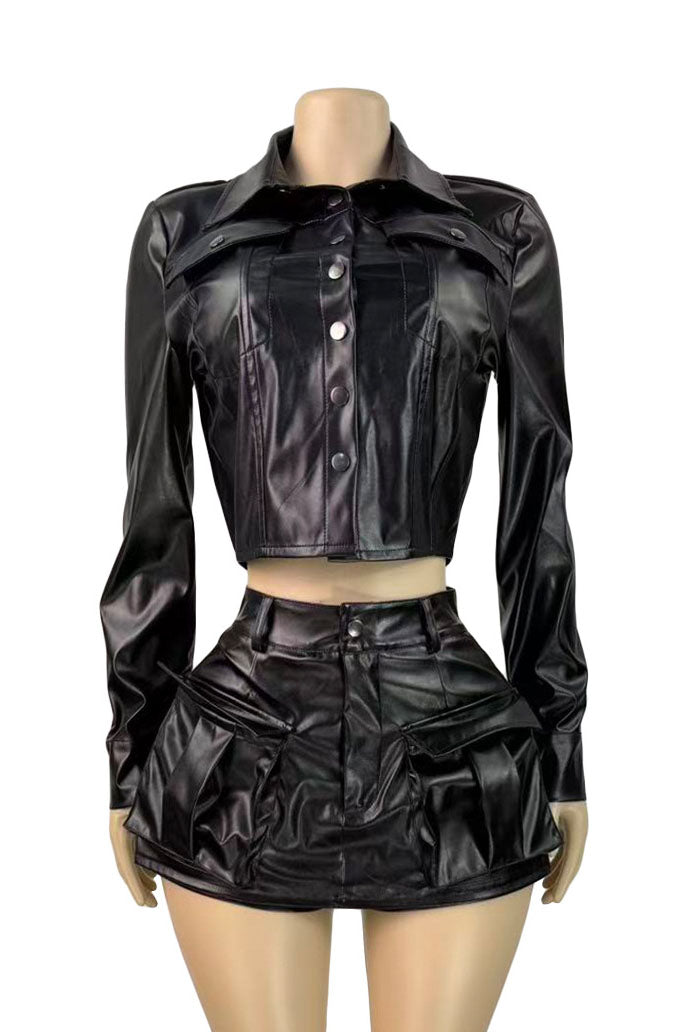 Faux Leather Stretch Button Top Skort Set Lavish Daily
