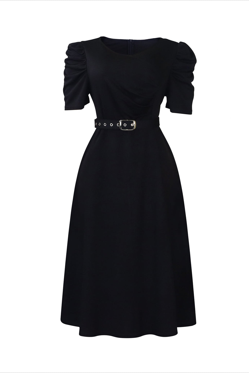 V Neck Short Puff Sleeves High Waist Midi Dress Lavish Daily