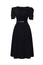 V Neck Short Puff Sleeves High Waist Midi Dress Lavish Daily