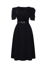 V Neck Short Puff Sleeves High Waist Midi Dress Lavish Daily