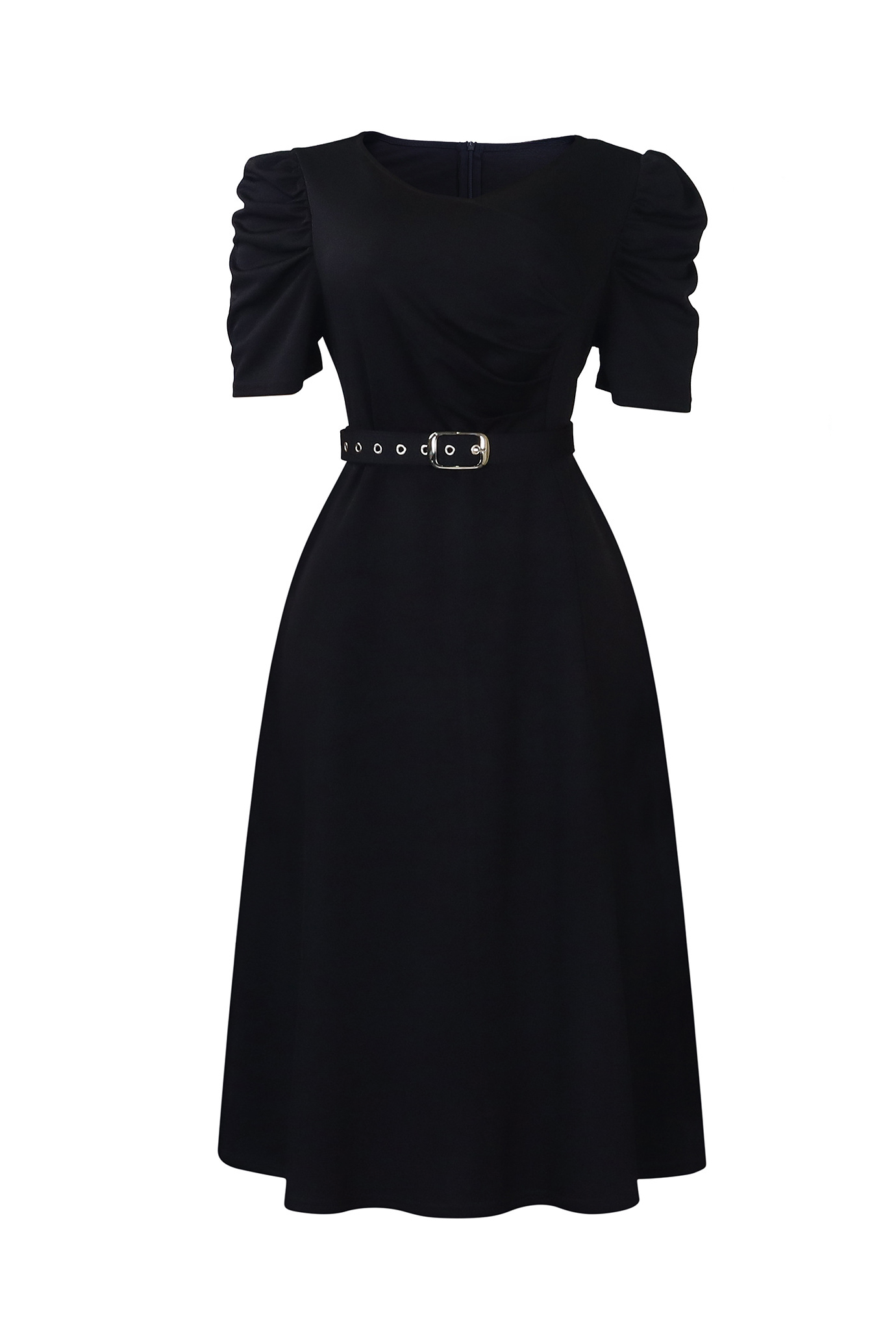 V Neck Short Puff Sleeves High Waist Midi Dress Lavish Daily