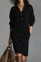 Solid Collared Button Pocket Knit Midi Dress LavishDaily