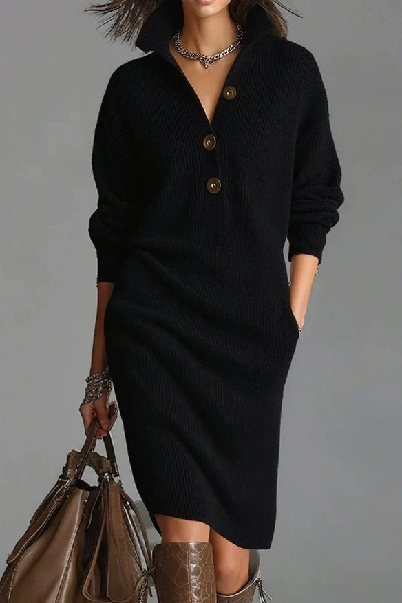 Solid Collared Button Pocket Knit Midi Dress LavishDaily