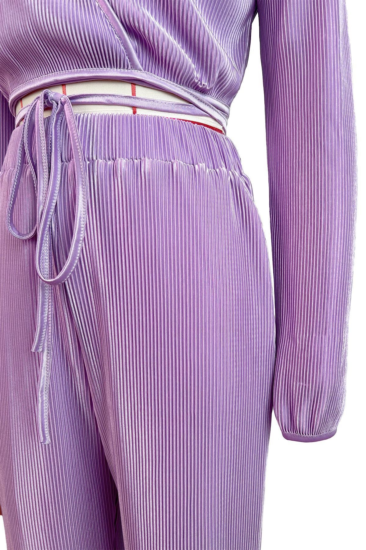 Pleated Lace Up Crop Top Wide Leg Pants Suit Lavish Daily