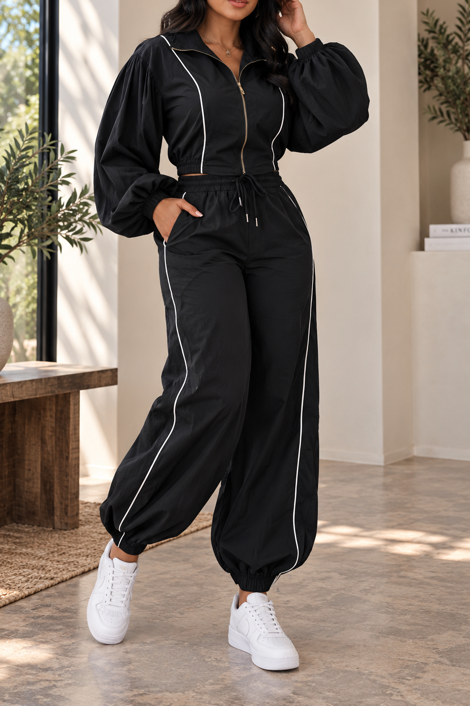 Piped Balloon Sleeve Tracksuit Set Lavish Daily