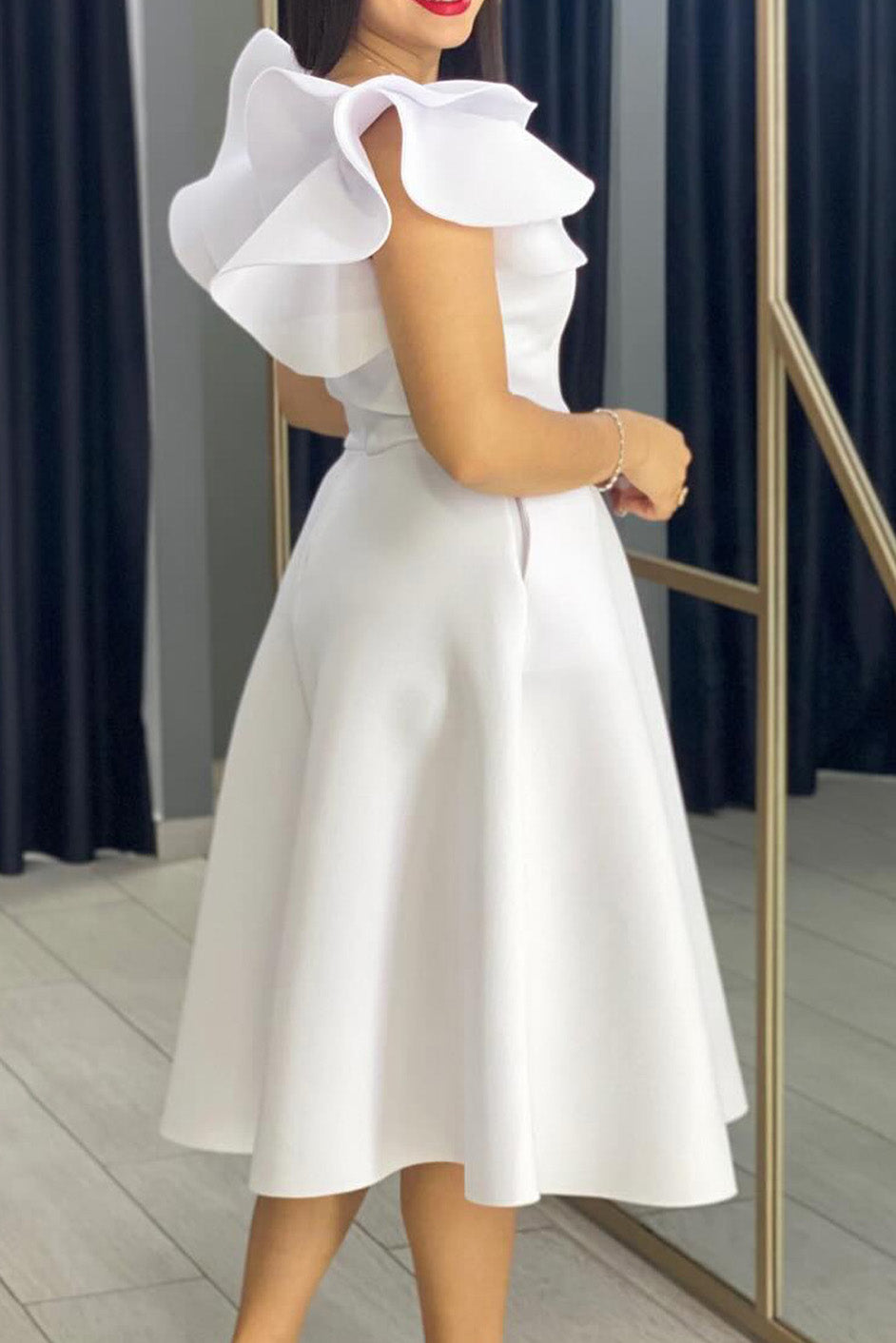 Flounce Sleeve High Waist A-Line Dress Lavish Daily