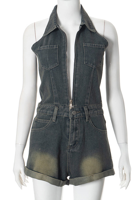Sleeveless Denim Halter V Neck Backless Romper Lavish Daily