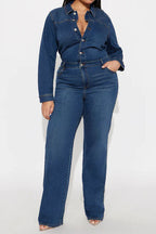 Stretch Flare Long Sleeve Denim Jumpsuit Lavish Daily