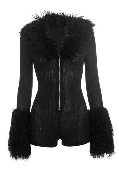 Plush-Trim Zip-Front Long-Sleeve Romper Lavish Daily