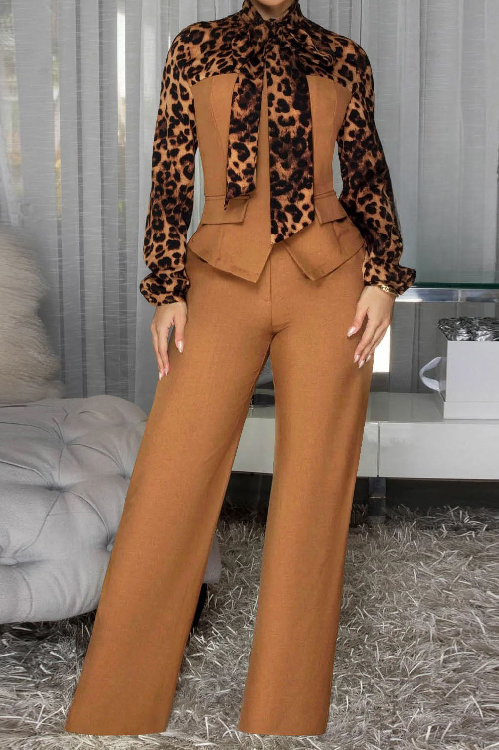 Leopard Print Tie-Neck Tailored Top & Wide Leg Pant Set Lavish Daily