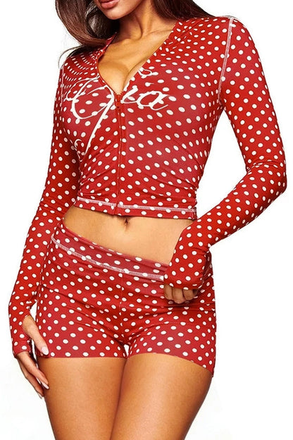 Polka Dot Graphic Zip Lounge Set Lavish Daily
