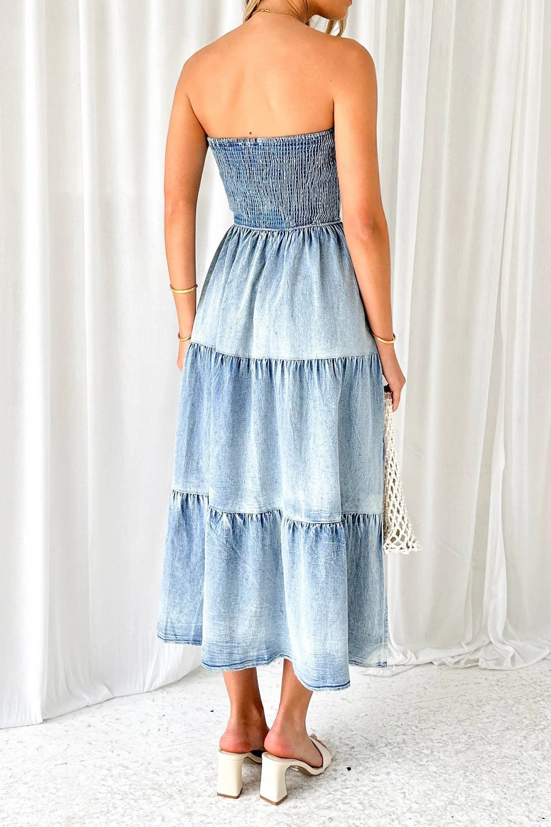 Strapless Side Slit Layered Denim Dress Lavish Daily