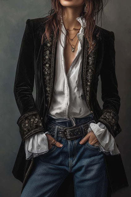 Velvet Embroidered Long Jacket LavishDaily