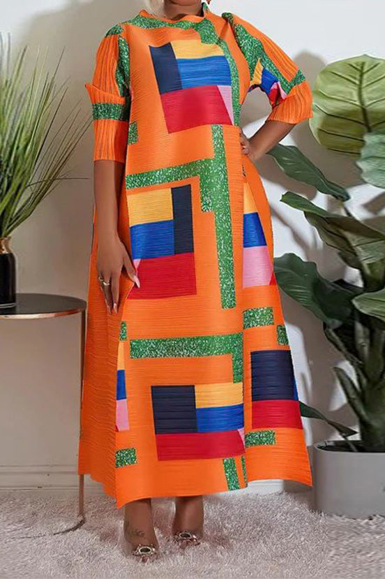 Abstract Print Pleated A Line Midi Dress Lavish Daily